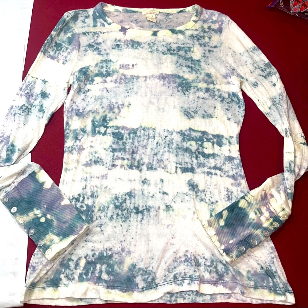 L Sundance Knit Shirt Button Sleeved Tie Dye Aqua Purple Thermal Lg Long Sleeves